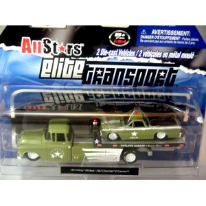 Maisto Elite Transport Military Chevy Truck Set 1957 Chevy Flatbed Wrecker and 1967 Chevy El Camino