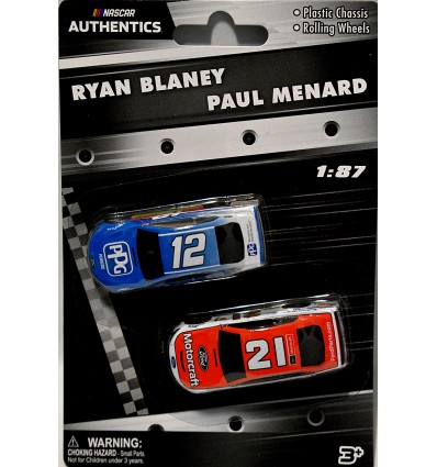 NASCAR Authentics - HO Scale - Ryan Blaney PPG & Paul Menard Wood Brothers Ford Mustang set