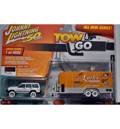 Johnny Lightning - White Lightning -Tow & Go - Jeep Cherokee XJ and Larks Concessions Carnival Trailer