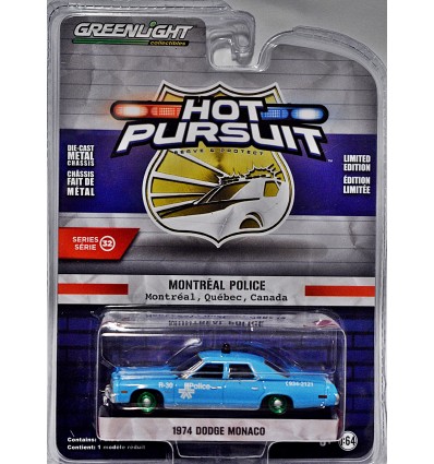 Greenlight Hot Pursuit - Rare Green Machine 1974 Montreal Police Dodge Monaco