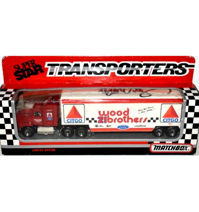 Matchbox NASCAR Super Stars Ford Aeromax Wood Brothers Race Car Transporter with Signature