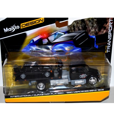 Maisto Elite Transport Set - 1990 Mercedes 190 E & International Durastar Flatbed Transporter