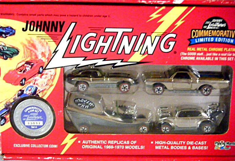 Johnny Lightning Commemoratives - Set A - Chrome - Moving Van, VW Beetle, Chevrolet El Camino, Jaguar XKE