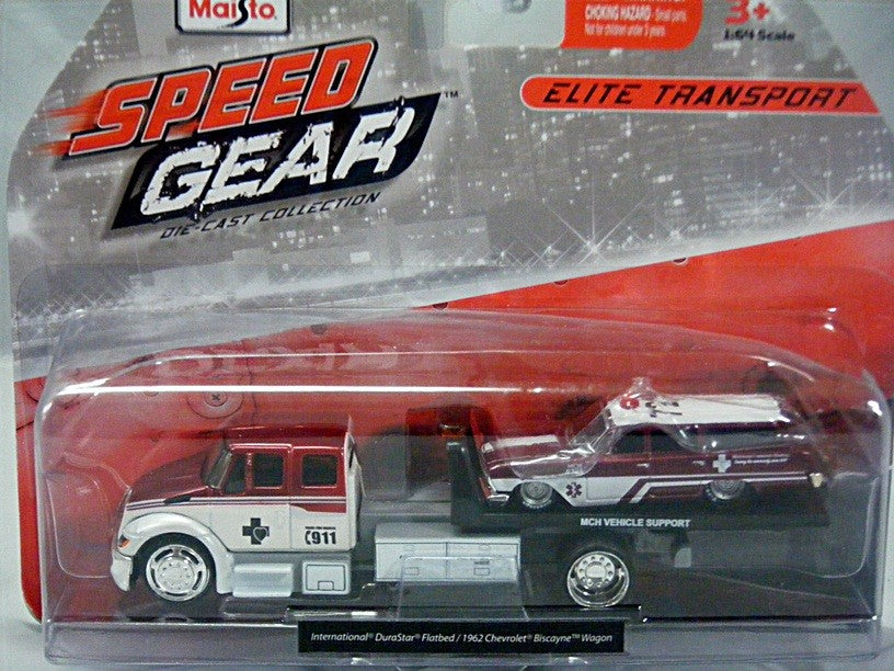 Maisto Speed Gear Elite Transport Set - International Durastar Flatbed & 1962 Chevrolet Biscayne Ambulance