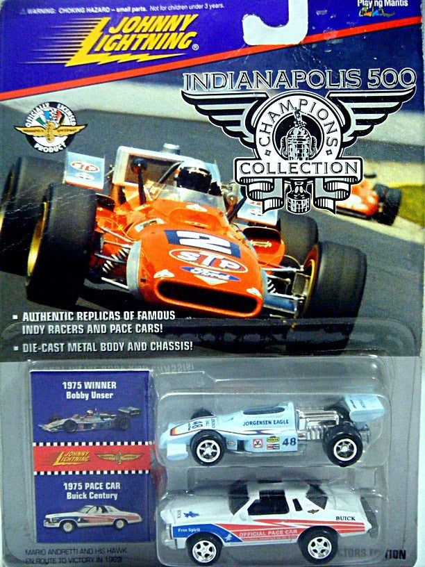 Johnny Lightning Indianapolis 500 Champions set with 1975 Buick Regal and 75 Bobby Unser Jorgenson Eagle