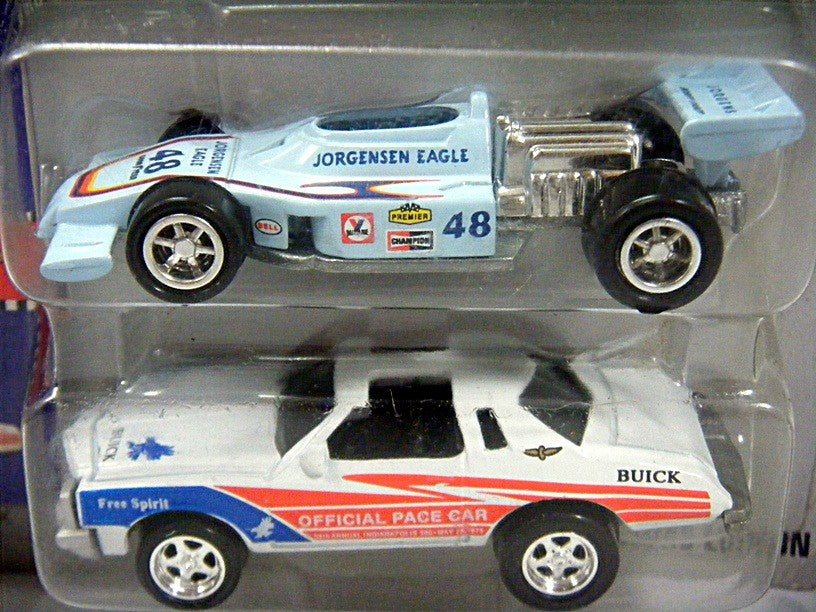 Johnny Lightning Indianapolis 500 Champions set with 1975 Buick Century and 75 Bobby Unser Jorgenson Eagle