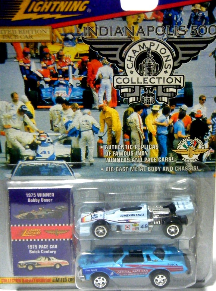Johnny Lightning Indianapolis 500 Champions set with 1975 Buick Century and 75 Bobby Unser Jorgenson Eagle