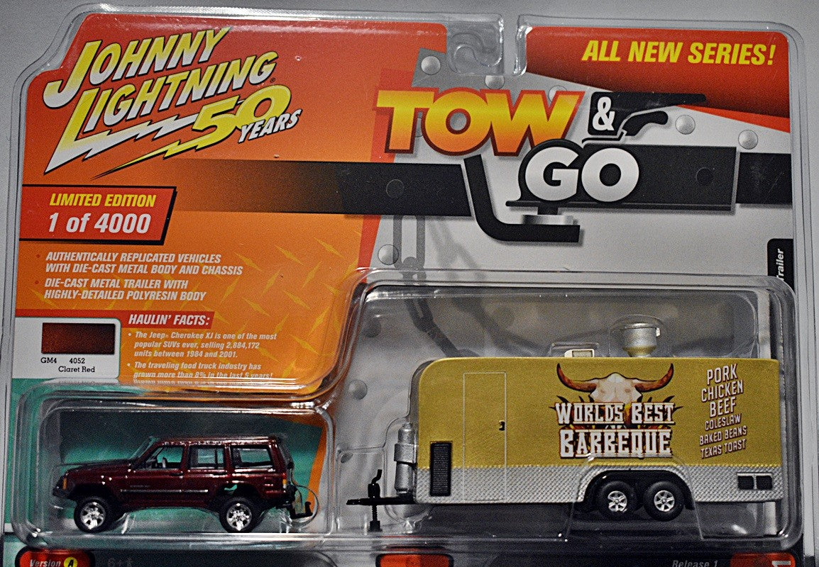 Johnny Lightning - White Lightning -Tow & Go - Jeep Cherokee XJ and Mobile Barbeque Trailer