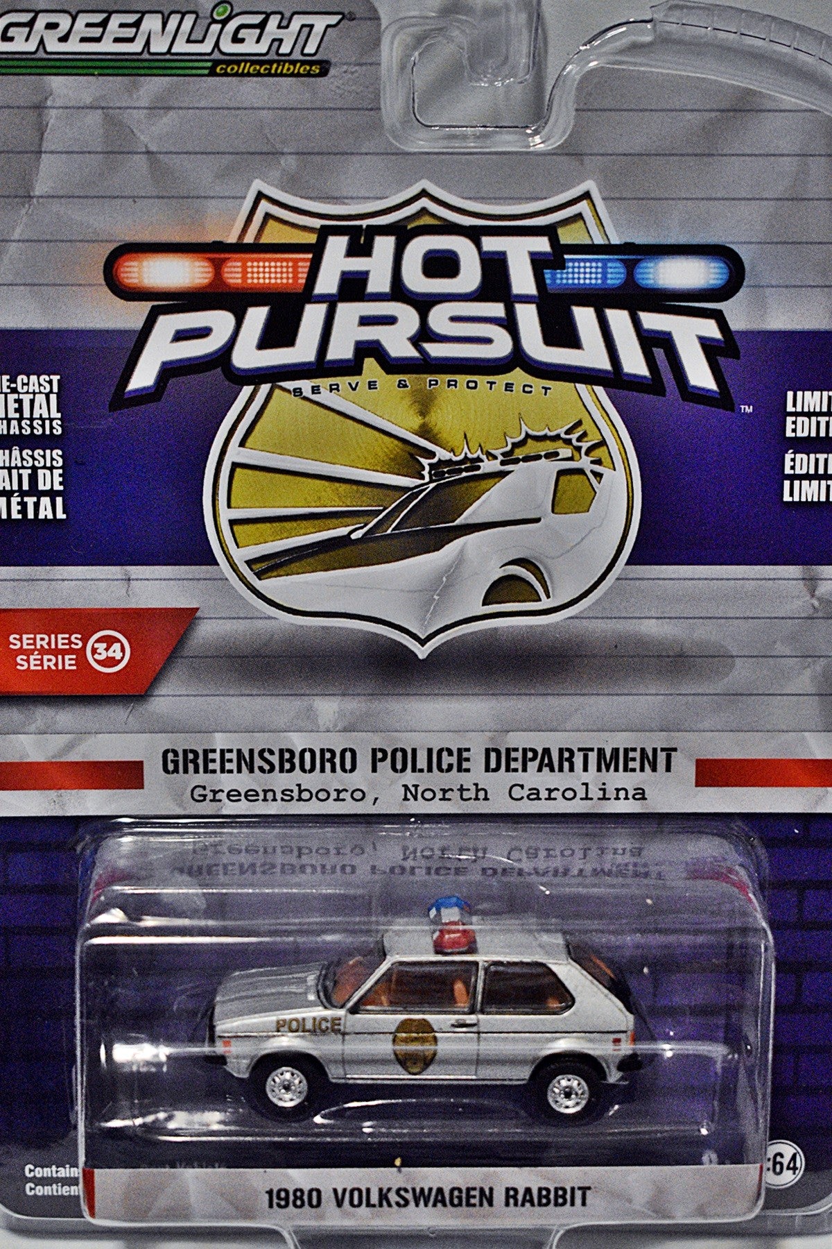 Greenlight Hot Pursuit  -  Greensboro NC 1980 Volkswagen Rabbit Patrol Car