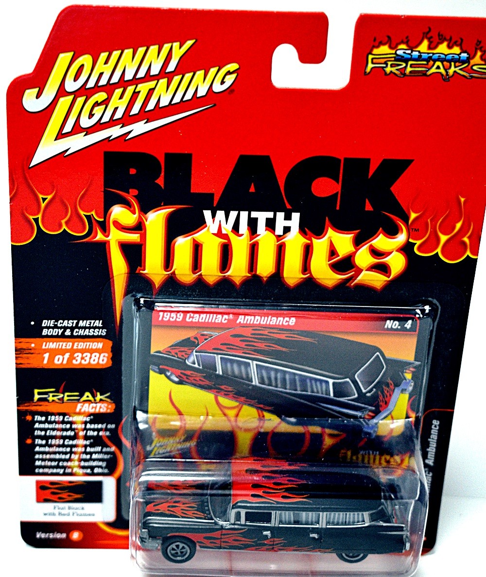 Johnny Lightning Black with Flames - 1959 Cadillac Ambulance