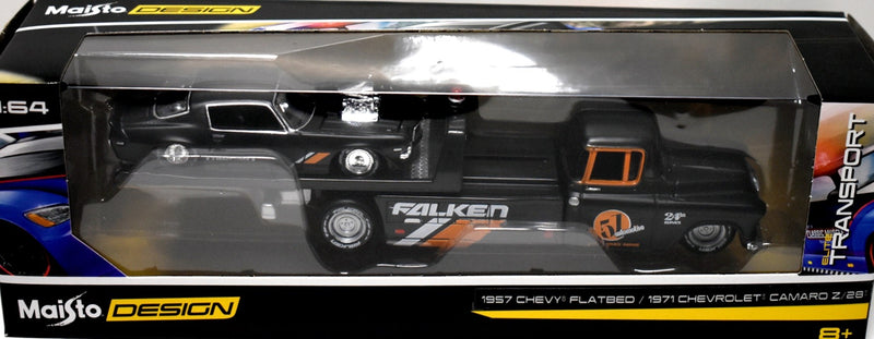 Maisto - Transport - Chevy Set - 1971 Chevy Camaro and 57 Chevy  Flatbed Tow Truck