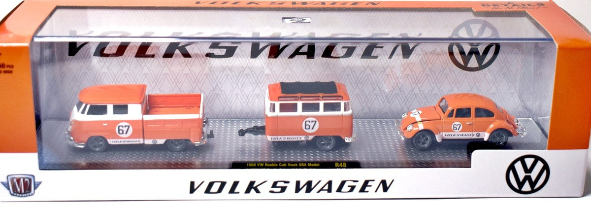 M2 Machines Volkswagen  Set - 1960 Double Cab Pickup with Samba Trailer and 67 Beetle Deluxe USA
