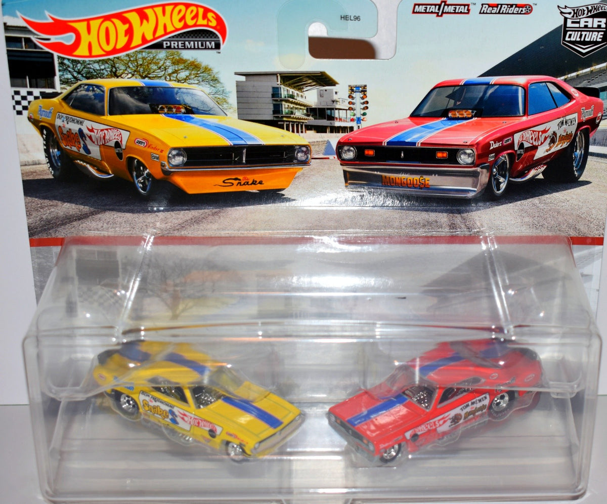 Hot Wheels Premium - Vintage NHRA Racing Set -The Snake & The Mongoose - 72 Cuda and Duster Funny Cars