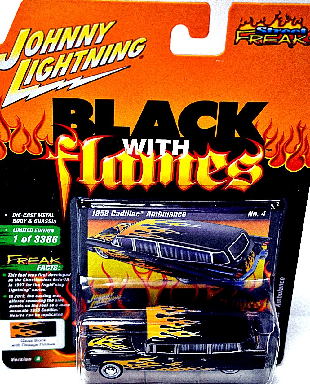 Johnny Lightning Black with Flames - 1959 Cadillac Ambulance
