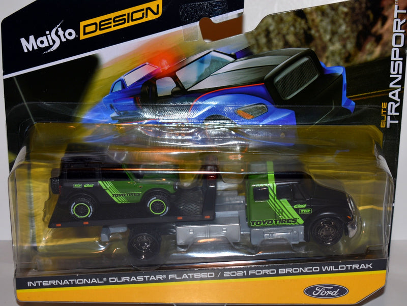 Maisto Elite Transport - International Durastar Flatbed and 2021 Ford Bronco WIldTrak