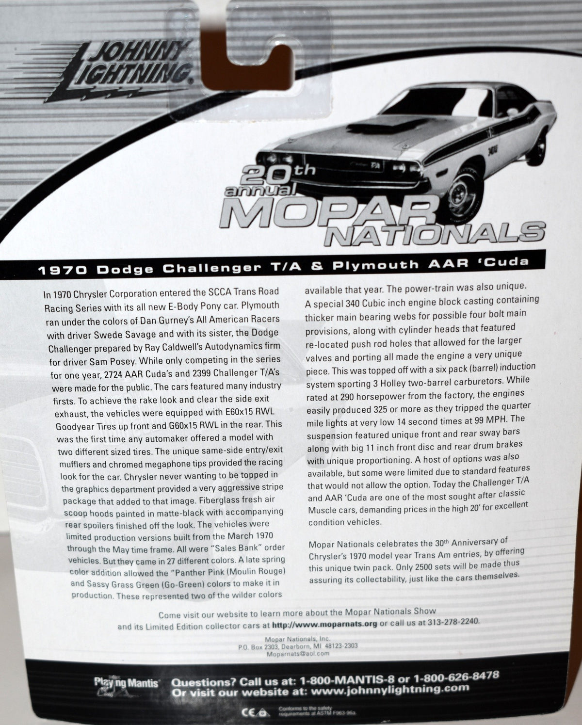 Johnny Lightning 1 of 2500 Sets - 20th Annual Mopar Nationals Promo ser with Cuda and Challenger