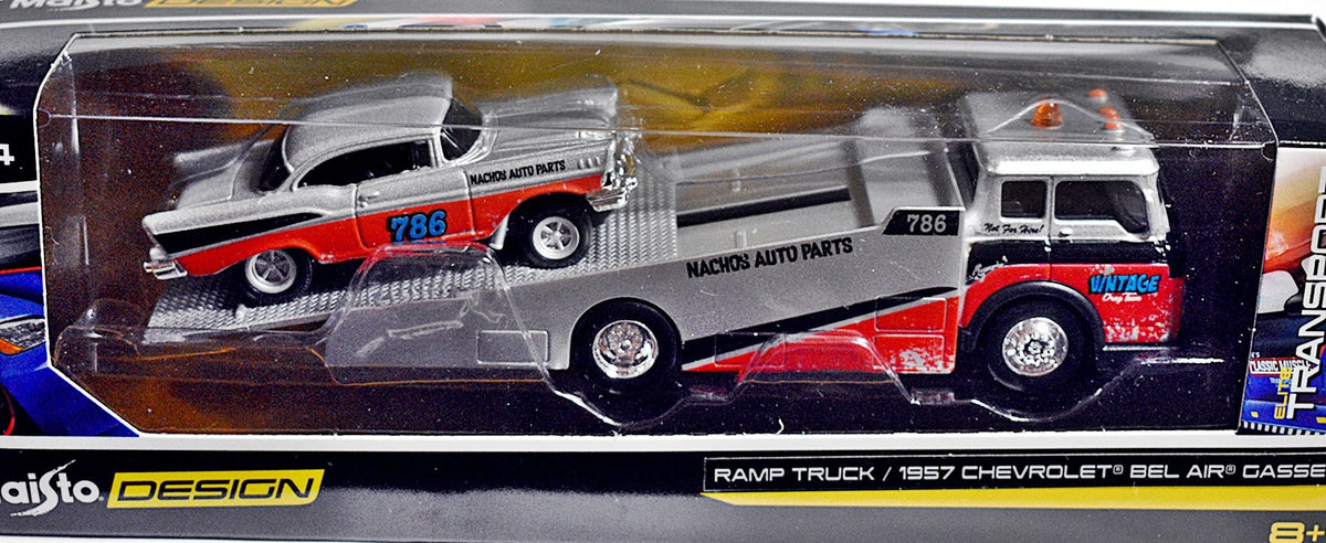 Maisto - Transport -  Vintage Drag Team - 1957 Chevy Gasser and Flatbed Ramp Truck