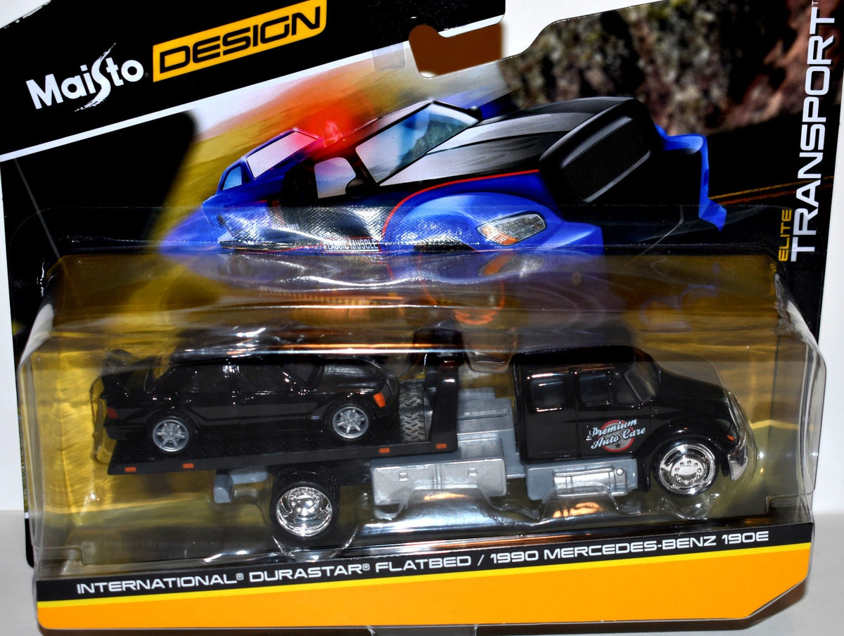 Maisto Elite Transport Set - 1990 Mercedes 190 E & International Durastar Flatbed Transporter