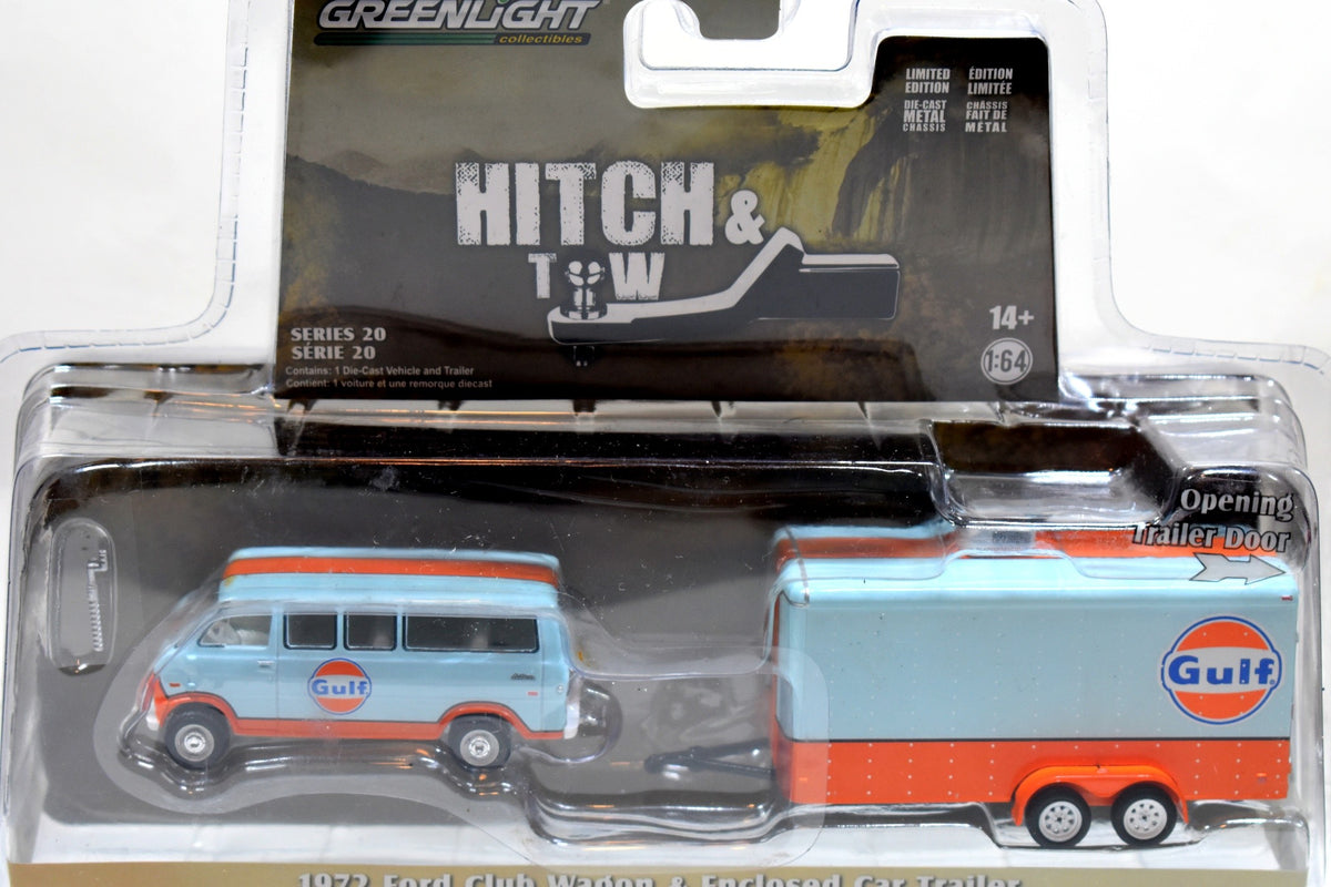 Greenlight Hitch and Tow - Gulf Racing 1972 Ford Club Wagon Van and Race Trailer Set